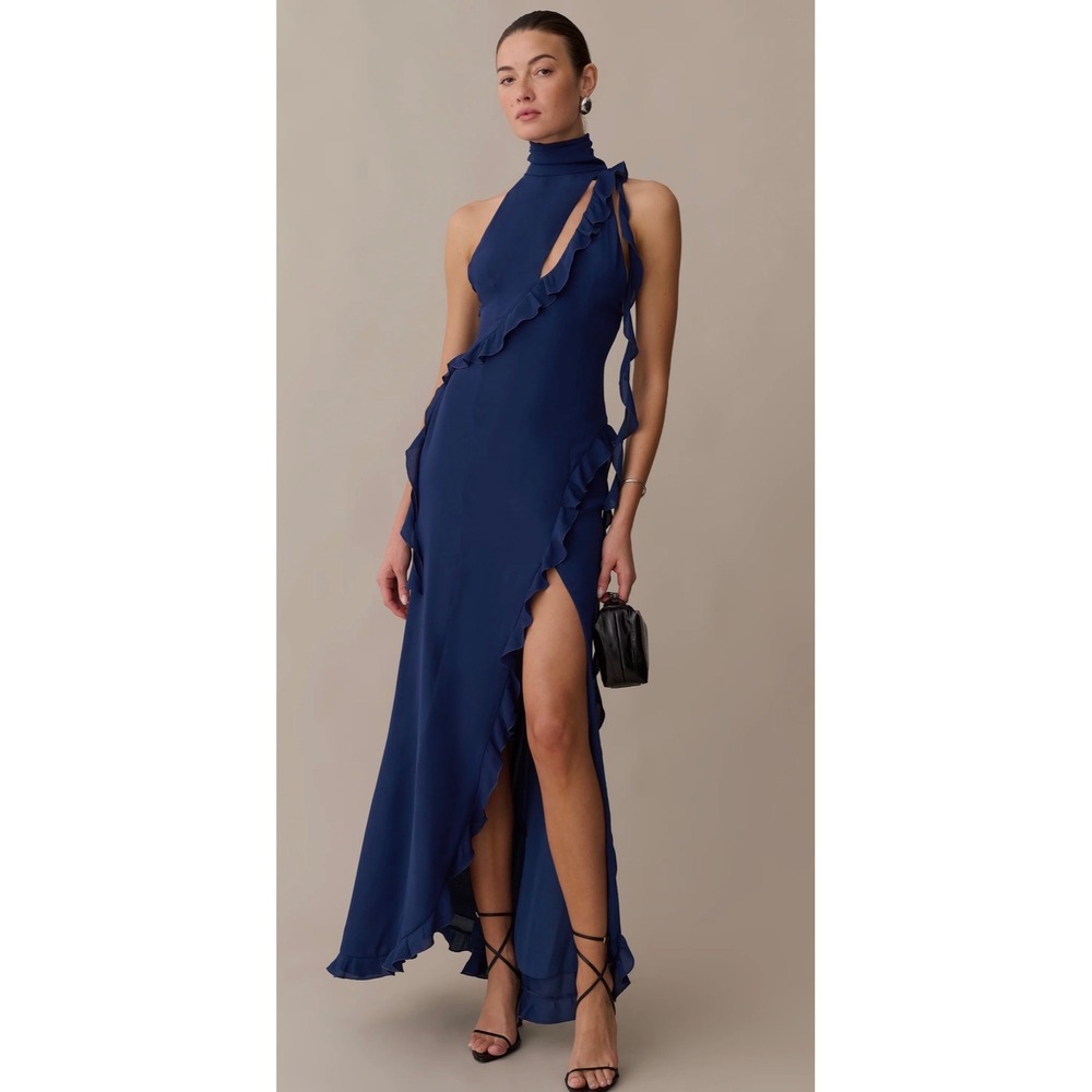 Few Moda Kourt Navy Blue High Neck Maxi Dress Sleeveless Formal S